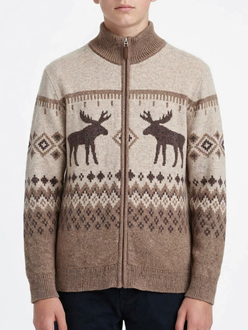 Thereabouts Boys Full Zip Fair Isle Moose Sweater Large 14-16 Beige Brown Knit